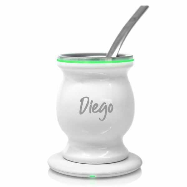 Mate Eléctrico Personalizado con Nombre Inductivo Led Blanco Brillante con Luz Verde y Bombilla Chata de Acero