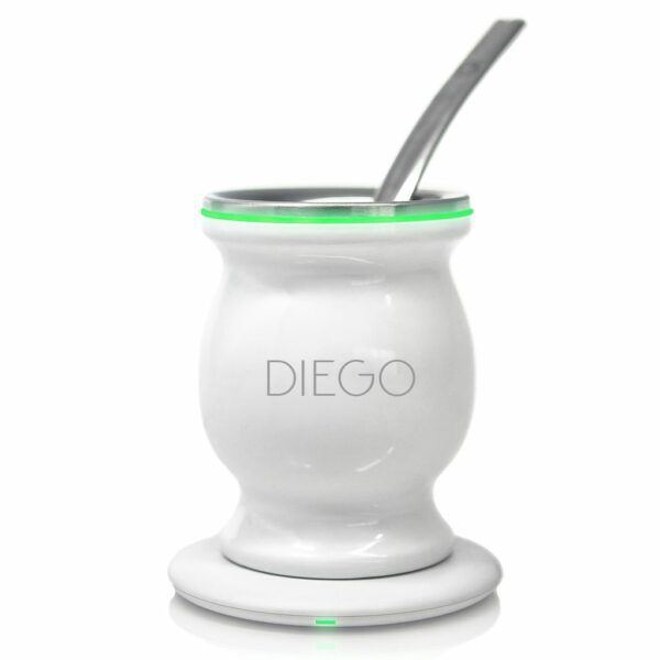 Mate Eléctrico Personalizado con Nombre Inductivo Led Blanco Brillante con Luz Verde y Bombilla Chata de Acero