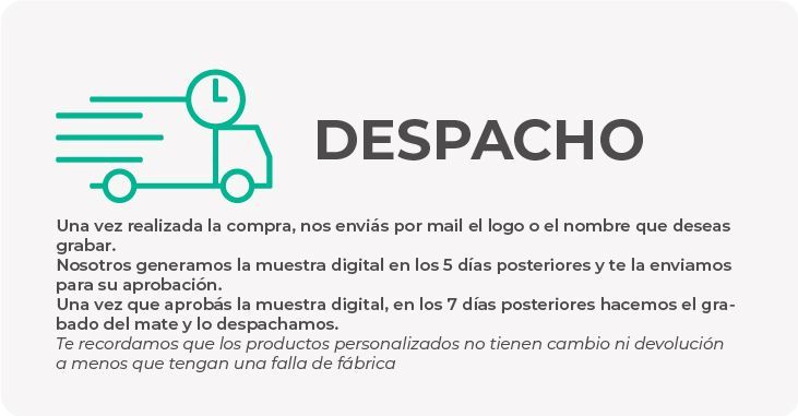 Producto personalizado que requiere unos días adicionales para el grabado personalizado del mate.