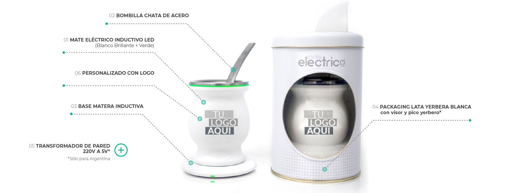 Mate Eléctrico Personalizado con Logo corporativo Merchandising: Contenido del Mate Eléctrico: Mate Eléctrico - Interior de acero inóxidable, exterior de metal esmaltado a fuego. Base matera inductiva (también carga celulares con carga inalámbrica) - El largo del cable de la base es de 1.2mt Bombilla chata de acero inoxidable Adaptador de pared 220v a USB 5v 2A para enchufar al toma corriente. Manual y garantía. Packaging: Lata yerbera