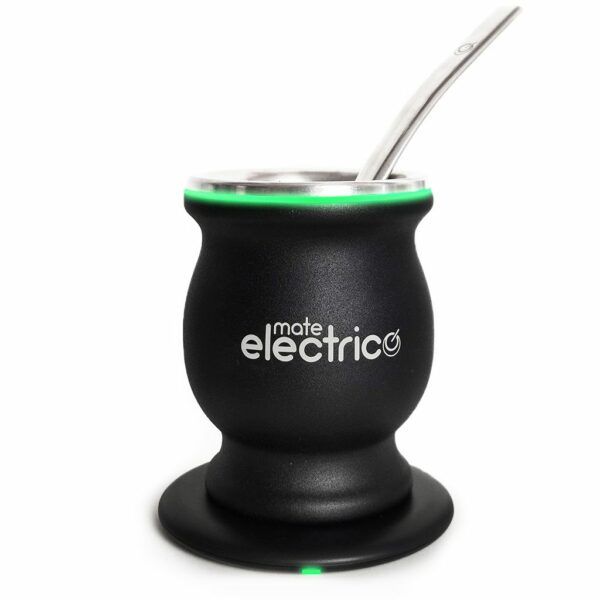 Mate Eléctrico Inductivo Led Negro Microtexturado con Luz Verde y Bombilla Chata de Acero