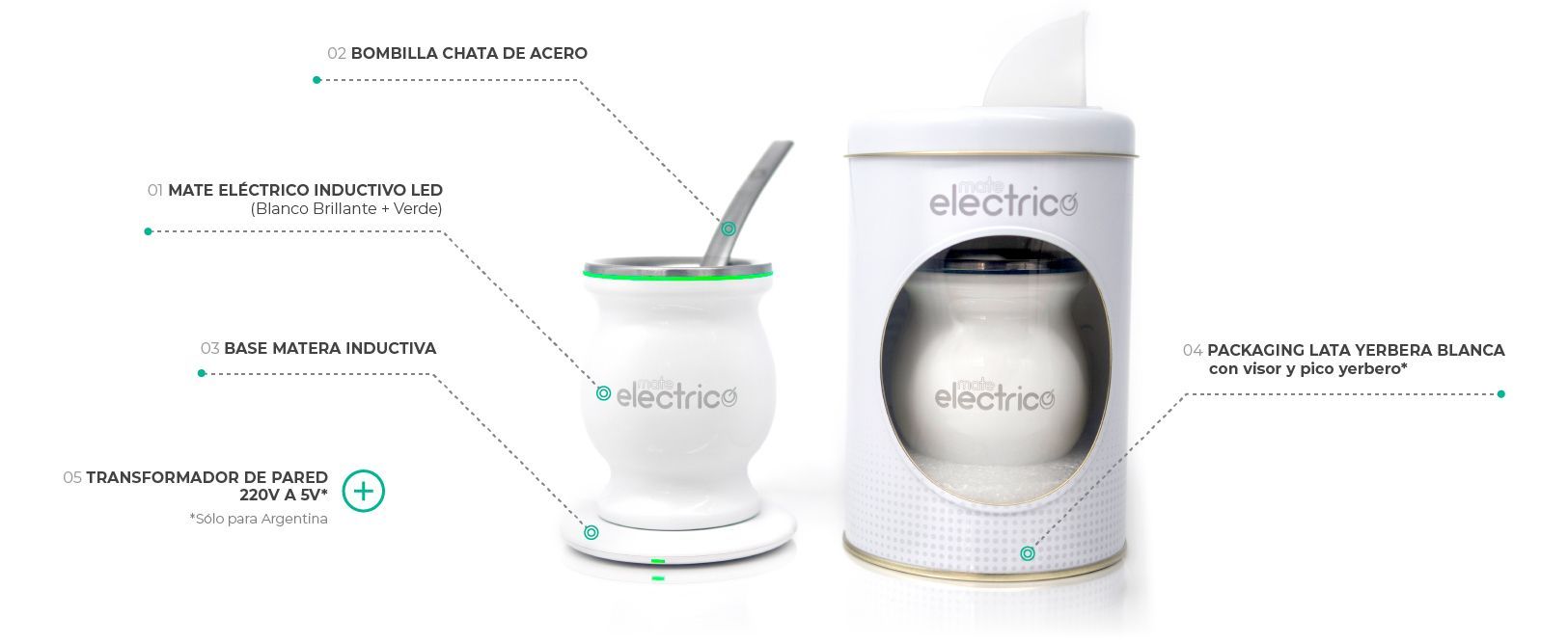 Contenido del Mate Eléctrico: Mate Eléctrico - Interior de acero inóxidable, exterior de metal esmaltado a fuego. Base matera inductiva (también carga celulares con carga inalámbrica) - El largo del cable de la base es de 1.2mt Bombilla chata de acero inoxidable Adaptador de pared 220v a USB 5v 2A para enchufar al toma corriente. Manual y garantía. Packaging: Lata yerbera